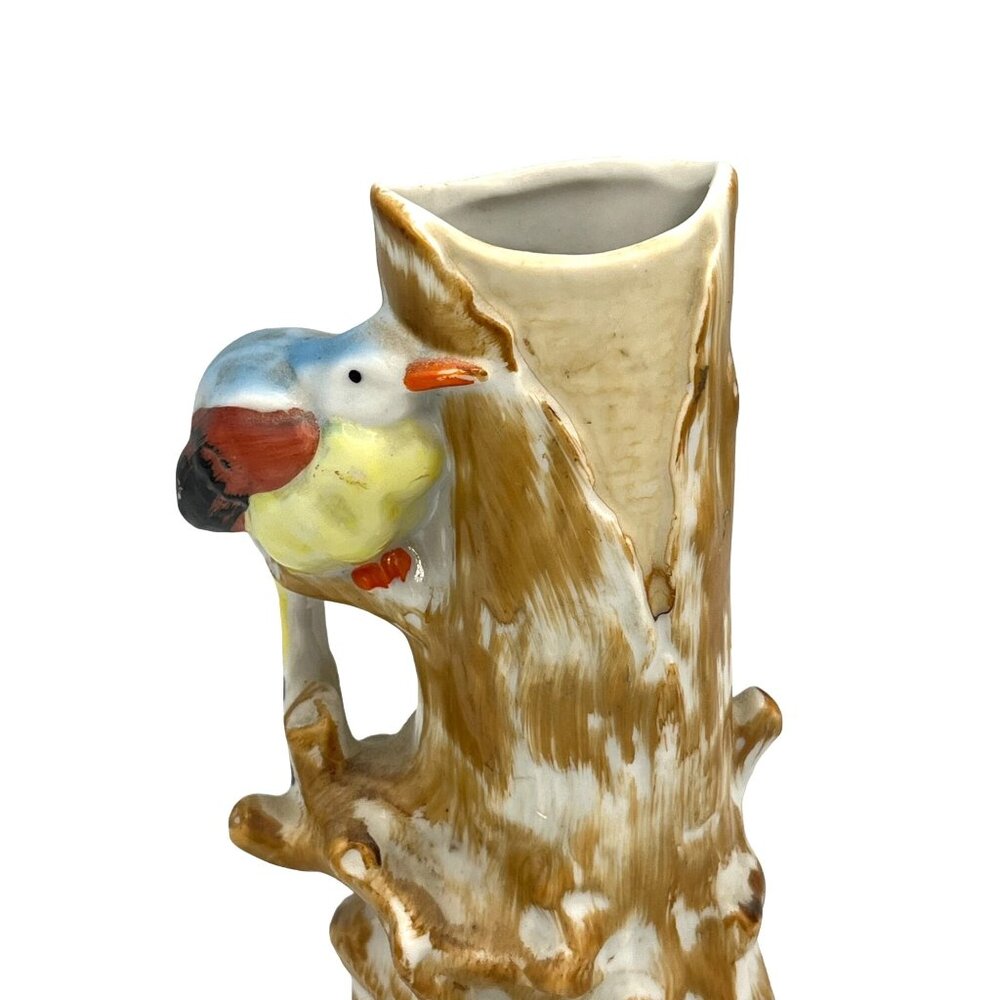 Vintage Ceramic Tree Trunk Vase With Colorful Bird Figurine - Picture 2 of 8